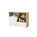 Modern Wooden Storage Cabinet with Glass Shelves and Unique Design